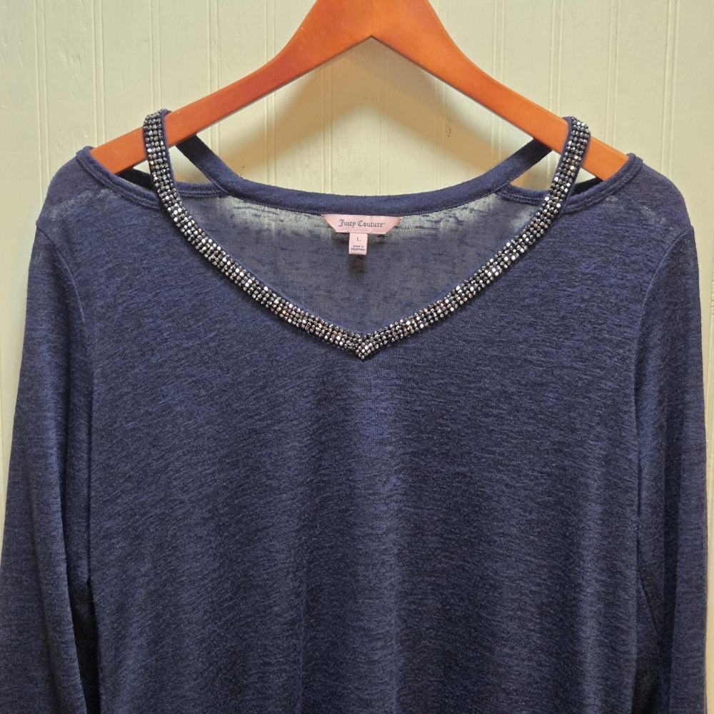 Juicy Couture Shirt Womens Large Blue Rhinestone V Neck 3/4 Sleeve Tunic‎ Top
